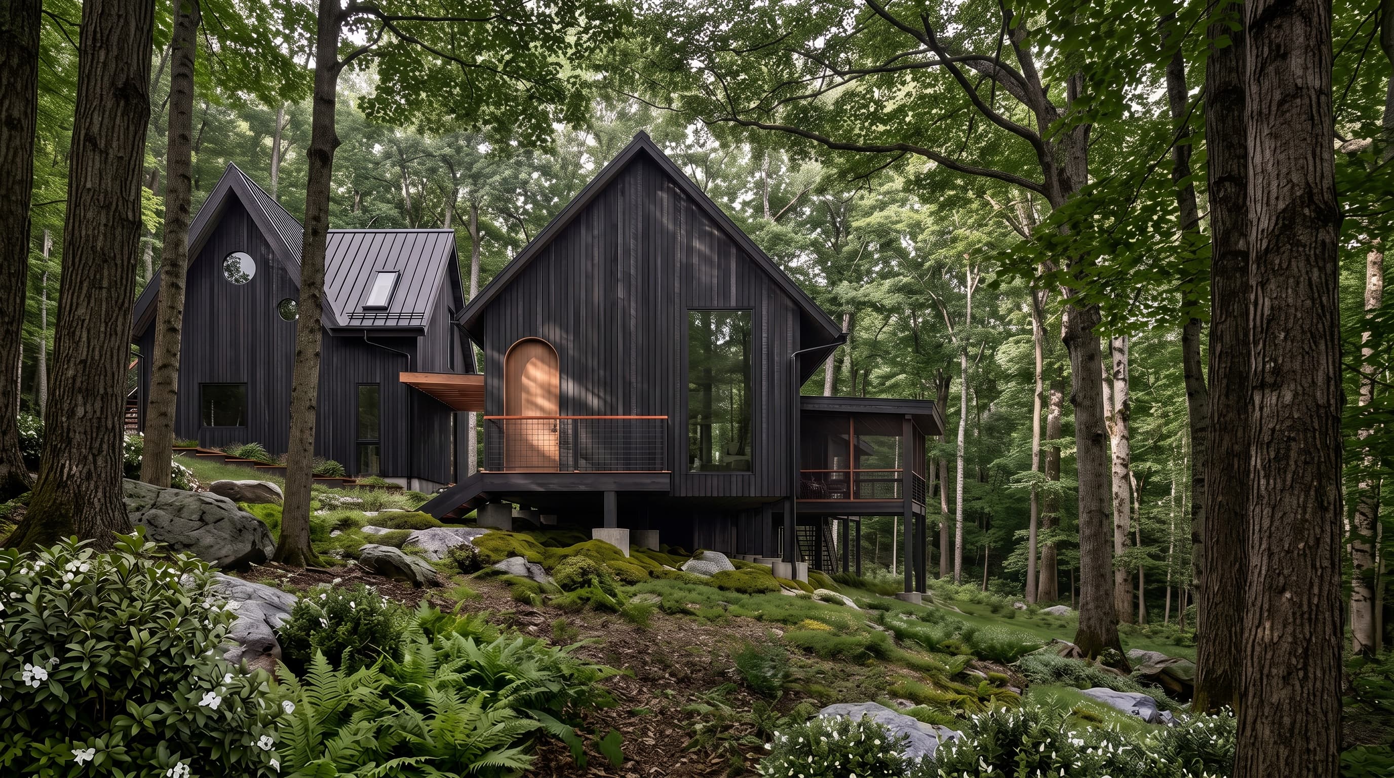 Rendering of Canal House's dark-clad volumes elevated on columns above a sloped, wooded site with granite outcrop and ferns.